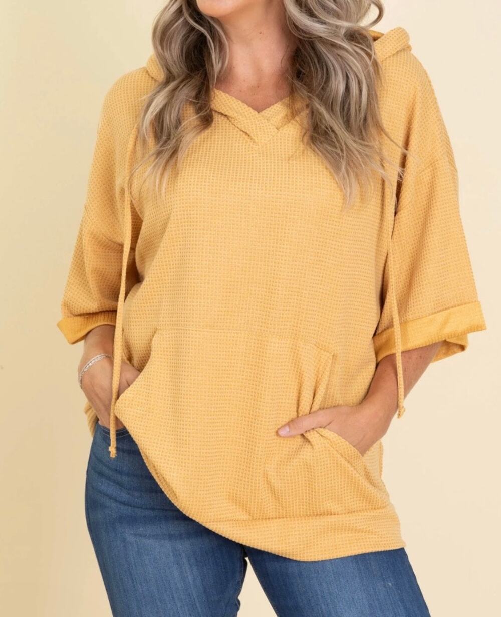 NWOT Andree by Unit Sz 2X/3X Mustard Yellow Waffle Kit Hooded Beach Top Cover Up